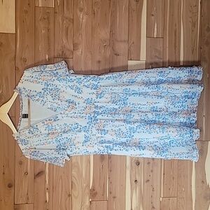 Spring Dress, Size XL, White, Blue, Orange, Floral, Knee-Length, Ruffles, Sheer